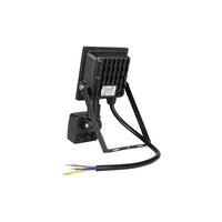 LED-bouwlamp met sensor en bevestigingsbeugel, achteraanzicht met zichtbare stroomkabel en koelribben op achterkant.