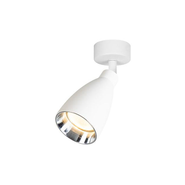 Witte moderne plafondspot met verstelbare richtbare lamp, schuin van voren en onderen gezien, geschikt voor gerichte verlichting in interieurontwerpen.