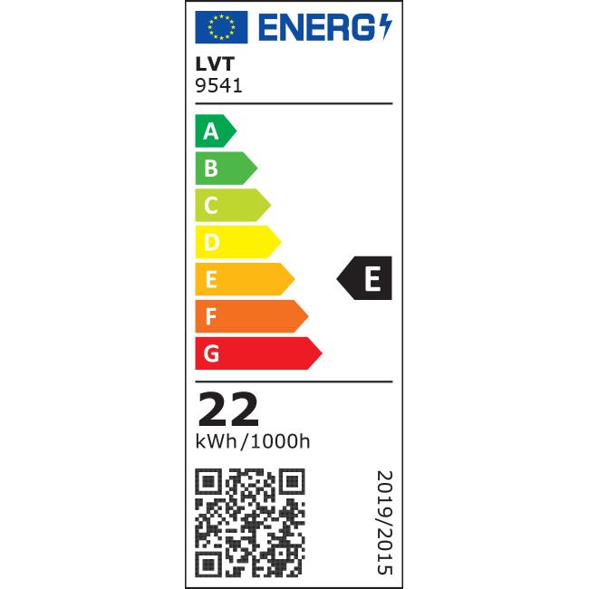 Energie-efficiëntielabel van een elektrisch apparaat met energielabelklasse E, verbruik van 22 kWh per 1000 uur, inclusief EU-logo, kleurenschaal van groen (zuinig) tot rood (inefficiënt), QR-code en modelnummer LVT 9541, frontaal aanzicht.