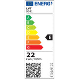 Energie-efficiëntielabel van een elektrisch apparaat met energielabelklasse E, verbruik van 22 kWh per 1000 uur, inclusief EU-logo, kleurenschaal van groen (zuinig) tot rood (inefficiënt), QR-code en modelnummer LVT 9541, frontaal aanzicht.