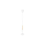 Staande witte uplighter vloerlamp met ronde voet en smalle lampenkap, vooraanzicht tegen een witte achtergrond.