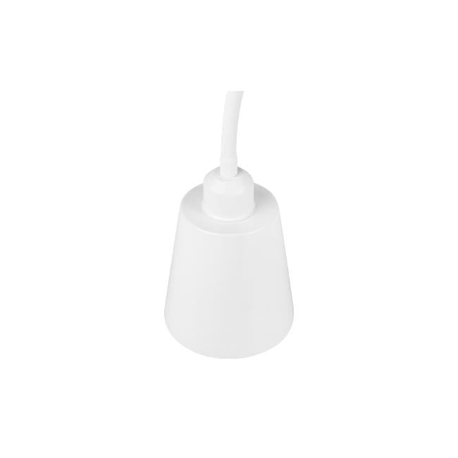 Witte plafondkap voor hanglamp, kunststof materiaal, conische vorm, bovenaanzicht met zicht op aansluitkabel.