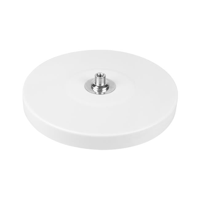Witte ronde metalen voet met centrale schroefdraadbevestiging, gezien in schuin bovenaanzicht, geschikt voor montage van displays of staanders.