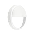 Witte ronde LED wandlamp met halve kap, zijaanzicht – moderne buitenlamp voor gevel- of trapverlichting.