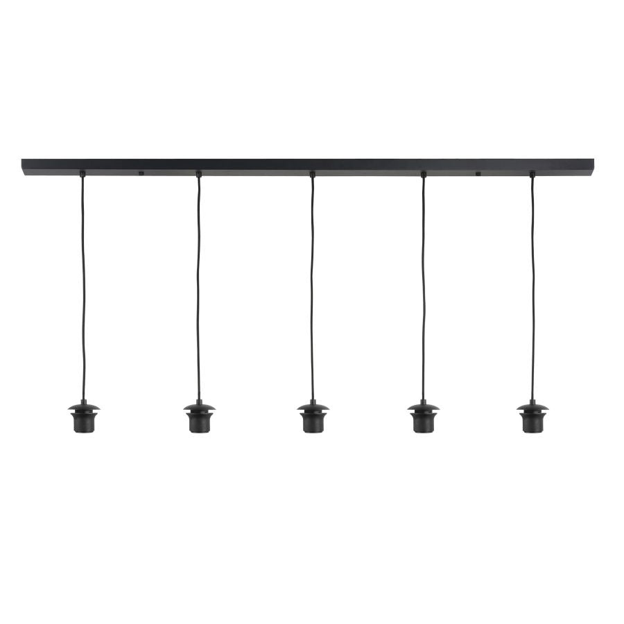 Zwarte industriële hanglamp met vijf fittingen aan een langwerpige plafondbalk, frontaal aanzicht tegen een witte achtergrond.