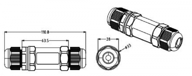 Technische tekening van een waterdichte kabelconnector, zijkant-, boven- en frontaanzicht, met afmetingen 110,8 mm lengte en 33 mm diameter, geschikt voor elektrische installaties.