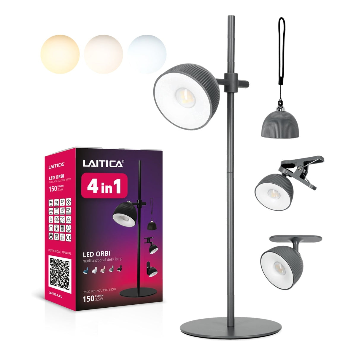 LED Orbi 2,5W 4in1 Bureaulamp magnetisch Grijs - CCT Lichtkleur instelbaar | Incl. Klem, plafondmontage, koort
