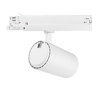 Witte railspot LED tracklight cilinderdesign, zijaanzicht, geschikt voor winkels en galerijen.