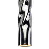 Close-up vooraanzicht van de Lodes A-Tube Nano Twist hanglamp in glanzend chroom met gedraaide buisvorm en warm licht aan de onderzijde.