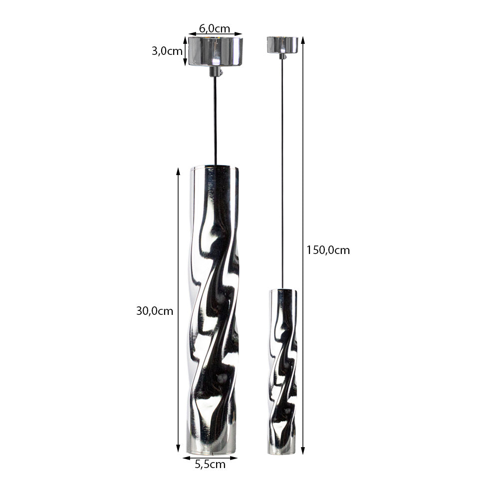 Zijaanzicht van een moderne hanglamp met een gedraaide buisvormige chromen armatuur, met afmetingen: armatuurhoogte 30 cm, diameter 5,5 cm, plafondkap 6 cm breed en 3 cm hoog, en een totale snoerlengte van 150 cm.
