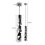Zijaanzicht van een moderne hanglamp met een gedraaide buisvormige chromen armatuur, met afmetingen: armatuurhoogte 30 cm, diameter 5,5 cm, plafondkap 6 cm breed en 3 cm hoog, en een totale snoerlengte van 150 cm.
