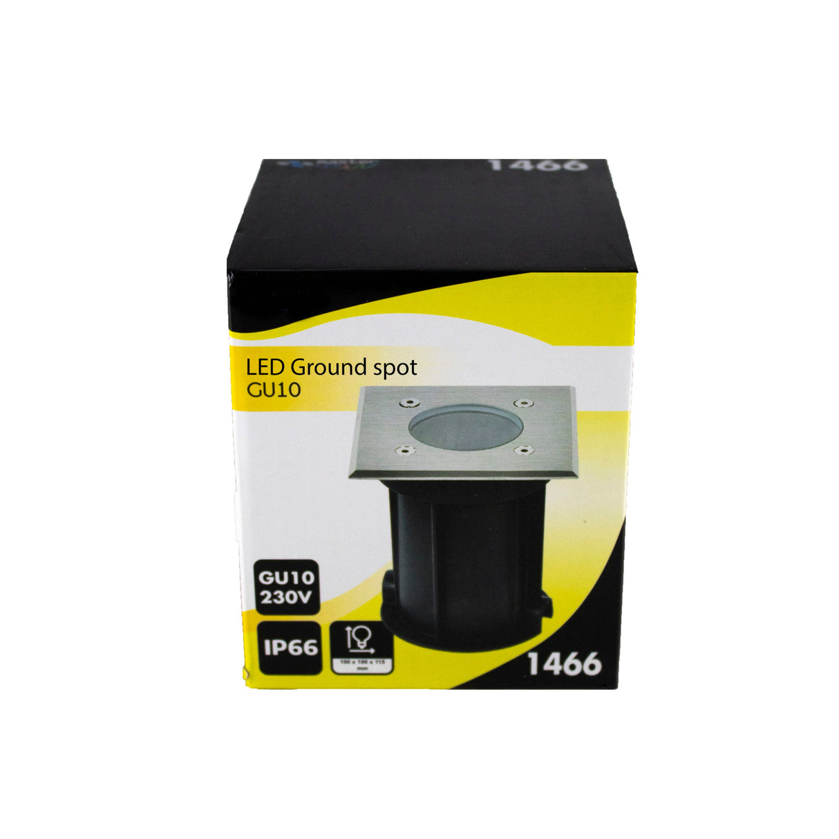 Productverpakking van LED Ground Spot GU10, aanzicht schuin van voren, toont de specificaties 230V, IP66 en modelnummer 1466.