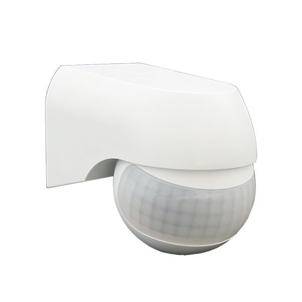 Wit kunststof bewegingssensor wandmontage – zijaanzicht van een infrarood bewegingsmelder met halfronde lens en moderne, compacte vormgeving.