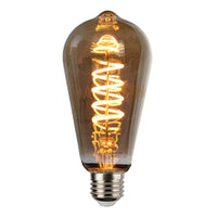 Decoratieve LED filamentlamp in Edison-stijl met amberkleurig glas, gezien vanaf de voorzijde, met zichtbare spiraalvormige gloeidraad en E27 fitting, perfect voor sfeervolle verlichting.