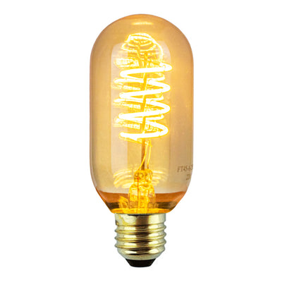 Amberkleurige LED filamentlamp T45 met spiraalvormige gloeidraad, E27 fitting, warm wit licht, voorkantaanzicht tegen witte achtergrond.