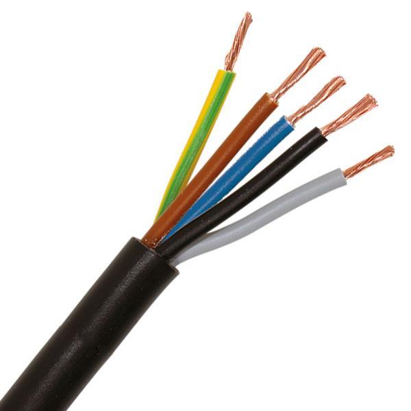 Close-up van een zwarte elektriciteitskabel met vijf blootliggende koperen aders in verschillende kleuren (geel/groen, bruin, blauw, zwart en grijs), diagonaal van onder naar boven weergegeven tegen een witte achtergrond.