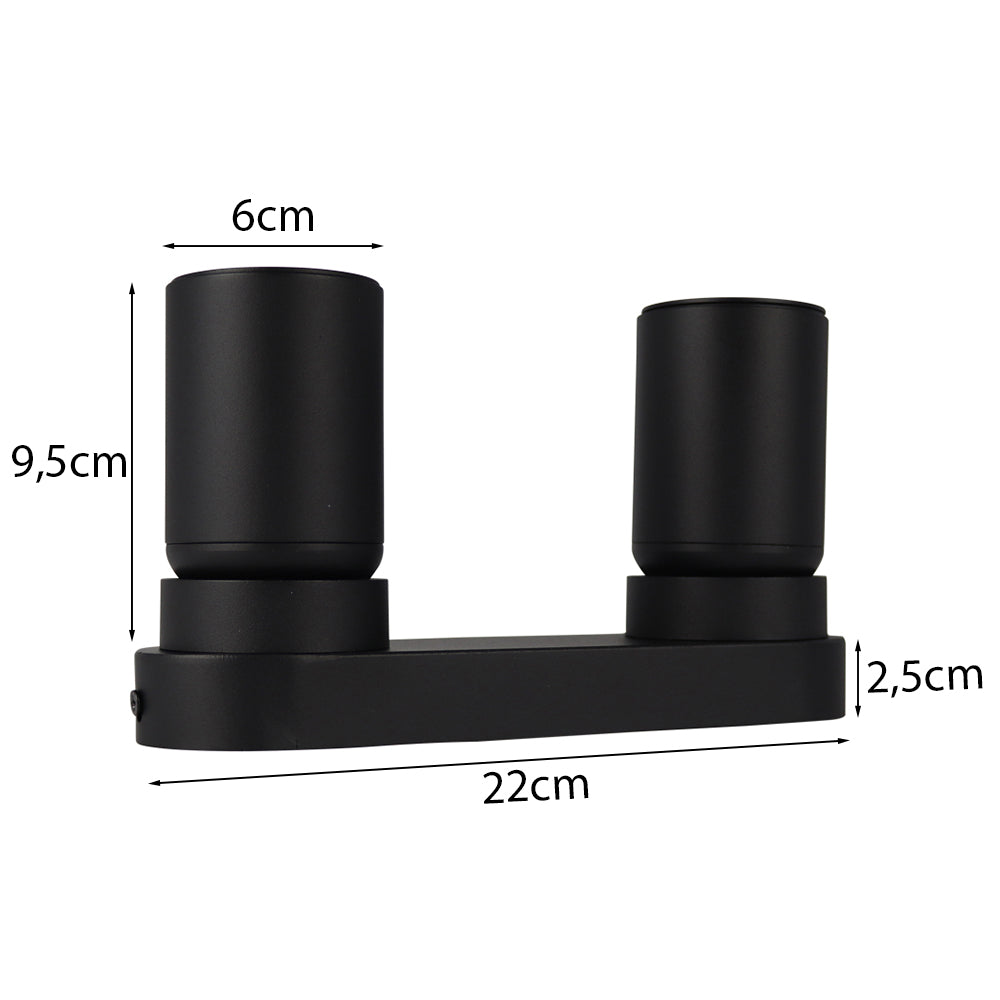 Zwart metalen dubbele wandspot met GU10 fitting, geschikt voor binnen- of buitengebruik, met afmetingen 22 cm breed, 9,5 cm hoog en 2,5 cm diep – vooraanzicht met meetindicaties.