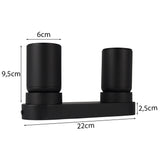 Zwart metalen dubbele wandspot met GU10 fitting, geschikt voor binnen- of buitengebruik, met afmetingen 22 cm breed, 9,5 cm hoog en 2,5 cm diep – vooraanzicht met meetindicaties.