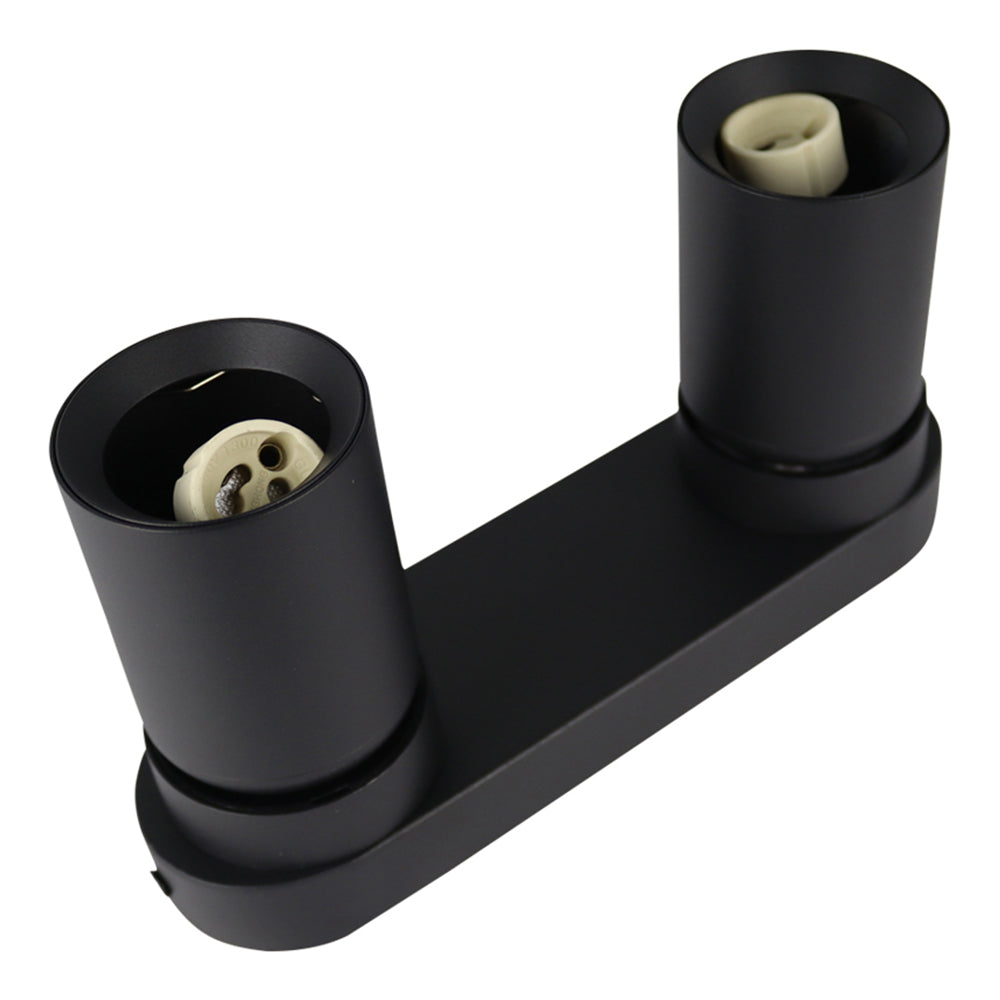 Zwarte dubbele GU10 plafondspot houder zonder lampen, modern design, schuin bovenaanzicht.