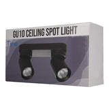 Verpakking van de GU10 Ceiling Spot Light Timo met een afbeelding van de zwarte plafondspot met twee verstelbare lampkoppen, gefotografeerd in een schuine hoek van voren en opzij.