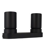 Zwart metalen wandspot met dubbele ronde fittingen, frontaal aanzicht – moderne, minimalistische designlamp voor binnenverlichting.