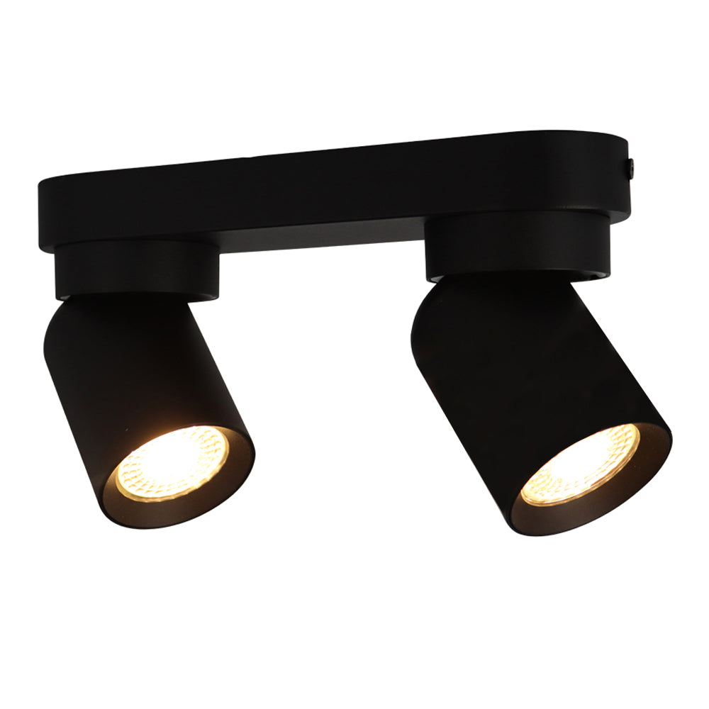 Zwarte moderne LED plafondspot met twee verstelbare lichtpunten, vooraanzicht.