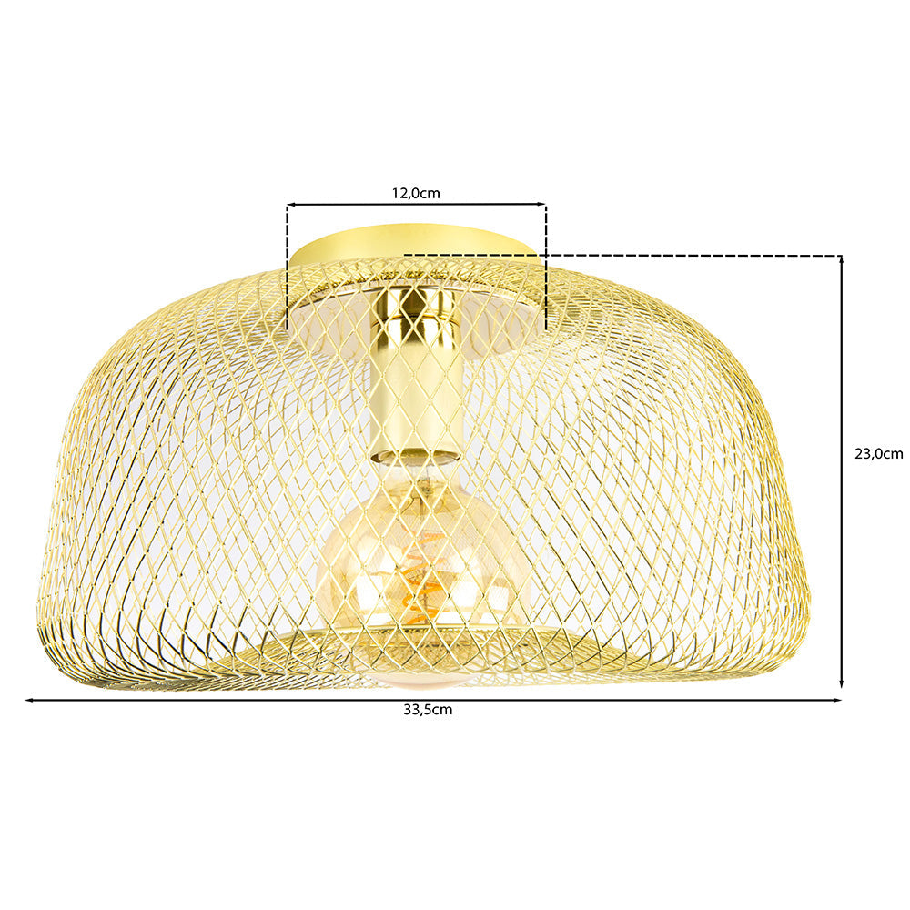 Gouden plafondlamp met metalen draadkap in een modern design, vooraanzicht met afmetingen: diameter 33,5 cm, hoogte 23 cm en plafondplaat van 12 cm.