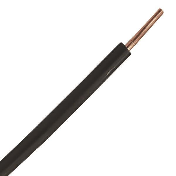 Close-up zijaanzicht van enkeladerige zwarte elektriciteitsdraad met koperen kern, geschikt voor elektrische installaties.