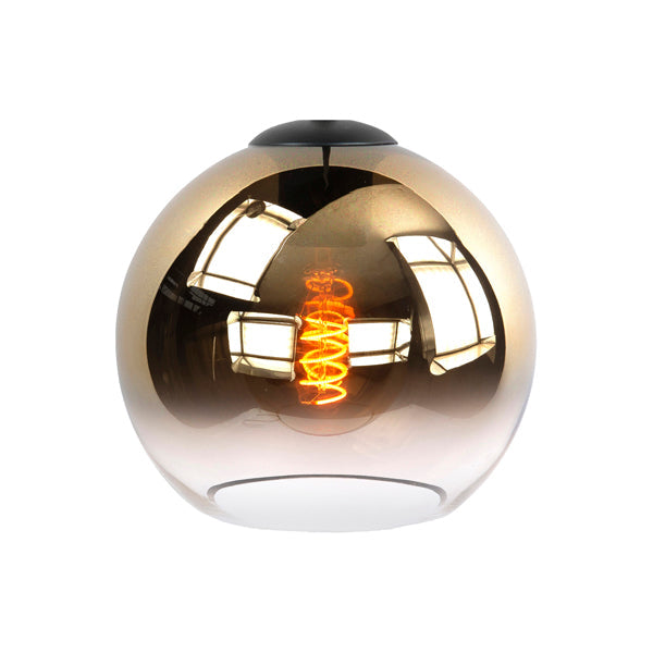 Ronde glazen plafondlamp met spiegelende afwerking en zichtbare LED-spiraal, frontaal aanzicht.