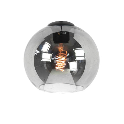 Ronde hanglamp met smoke-glas en zichtbare spiraalvormige filamentlamp, vooraanzicht.