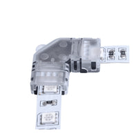 LED strip connector in L-vormige hoekverbinding, bovenaanzicht – transparante 90 graden koppelstuk voor het verbinden van twee LED strips.