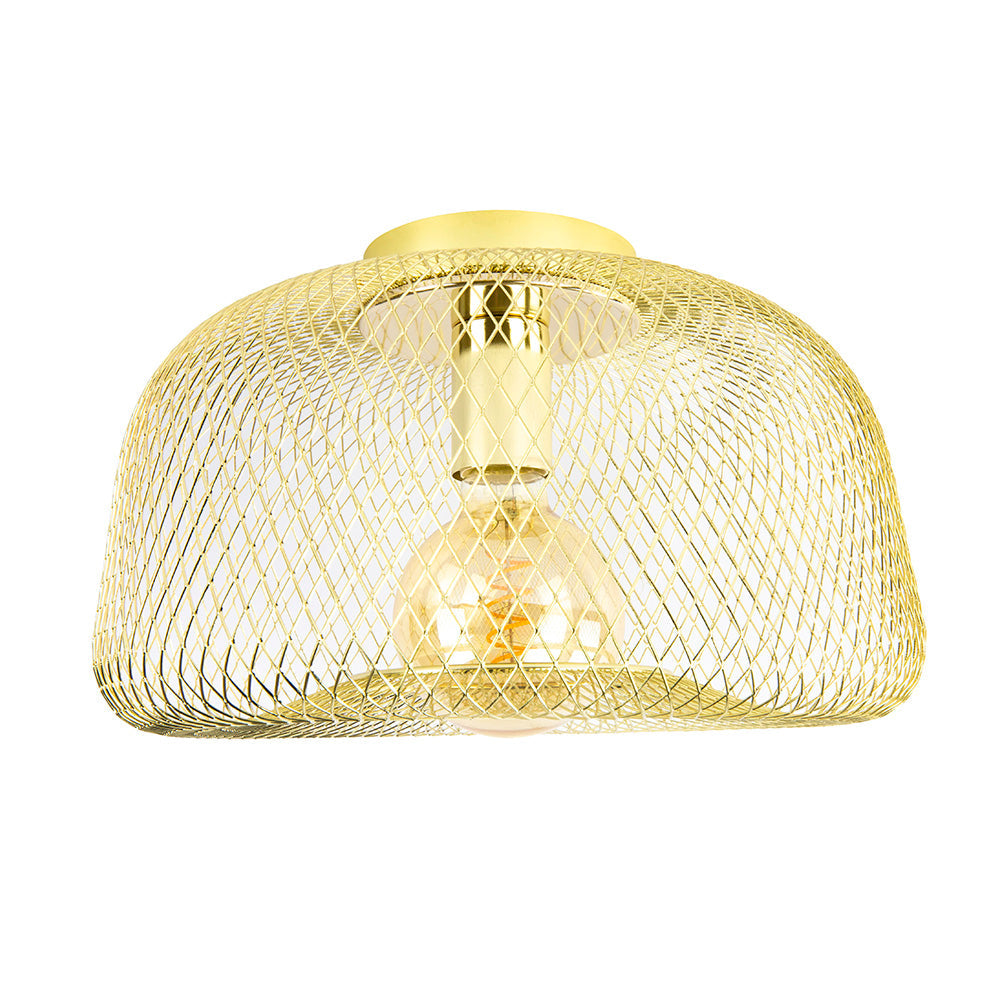 Gouden plafondlamp met metalen gaas kap en zichtbare filamentlamp, vooraanzicht tegen een witte achtergrond.