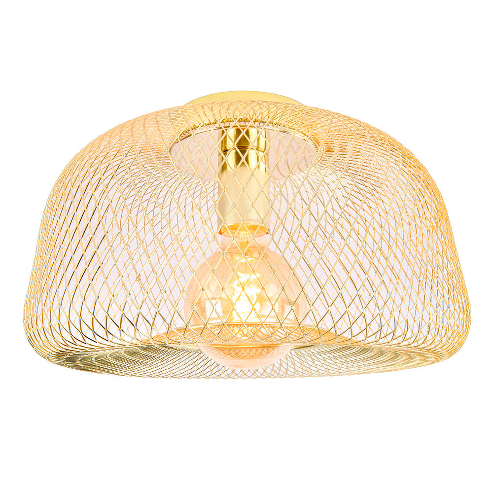Gouden plafondlamp met open metalen draadkap en zichtbare LED-lichtbron, frontaal van onderen gefotografeerd voor een duidelijk zicht op het ontwerp en de structuur.