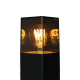 Close-up vooraanzicht van een moderne zwarte buitenlamp met een retro LED filamentlamp in een transparante, vierkante behuizing.