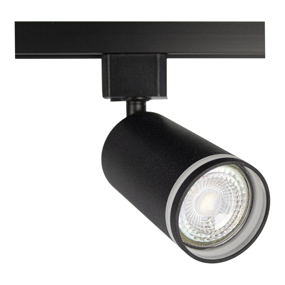 Zwarte LED railspot met ronde behuizing en GU10 fitting, vooraanzicht van de lamp gemonteerd op een zwarte 3-fase rail.
