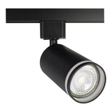 Zwarte LED railspot met ronde behuizing en GU10 fitting, vooraanzicht van de lamp gemonteerd op een zwarte 3-fase rail.