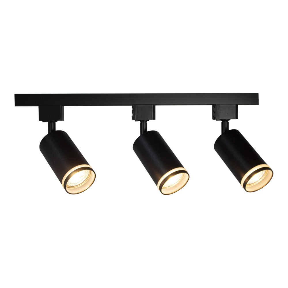 Zwarte moderne plafondspot met drie verstelbare cilindervormige LED-spots, vooraanzicht – ideaal voor gerichte verlichting in woon- of werkruimtes.