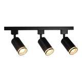 Zwarte moderne plafondspot met drie verstelbare cilindervormige LED-spots, vooraanzicht – ideaal voor gerichte verlichting in woon- of werkruimtes.