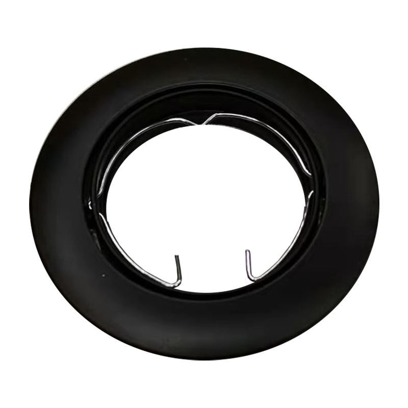 Zwarte ronde inbouwspot armatuur met klemveren, bovenaanzicht, geschikt voor GU10 of MR16 lampen.