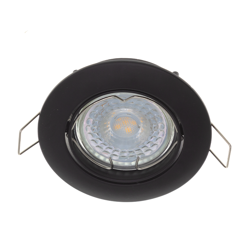 Zwarte ronde LED inbouwspot met GU10 fitting, vooraanzicht – geschikt voor plafondmontage in moderne interieurs.