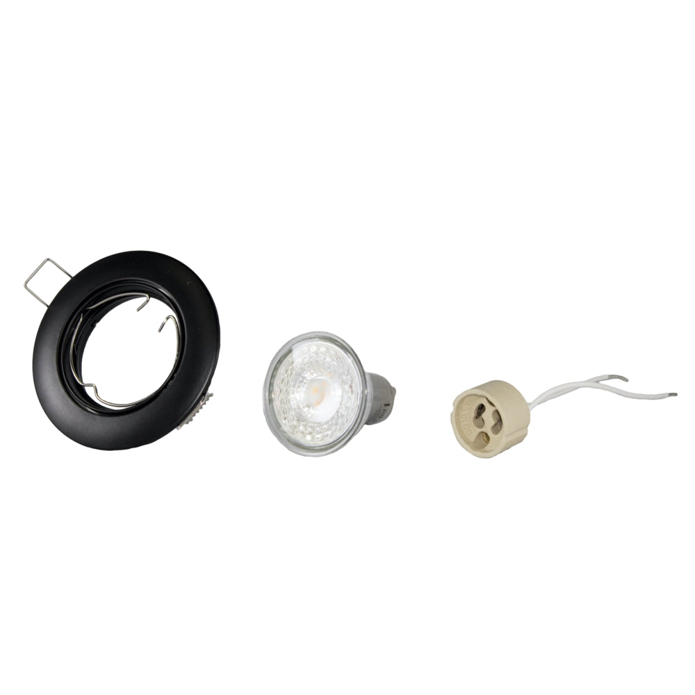 Set van zwarte GU10 inbouwspot met ronde montagehouder, LED lamp en fitting, bovenaanzicht.
