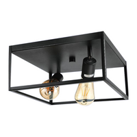 Industriële zwarte plafondlamp met open metalen frame en twee zichtbare filamentlampen, diagonaal van onderen gefotografeerd.