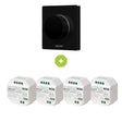 Zwart MiBoxer draadloos wandpaneel met draaiknop, gecombineerd met vier witte MiBoxer AC Triac RF Push Dimmers – productafbeelding vooraanzicht.