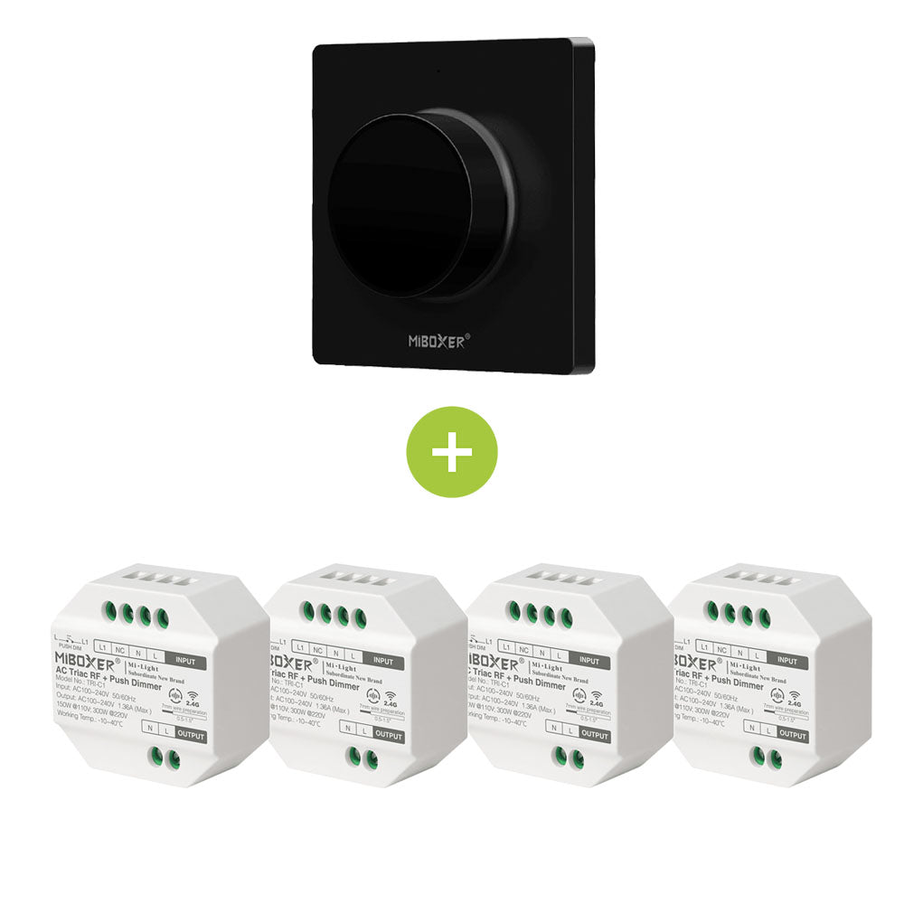Zwart MiBoxer draadloos wandpaneel met draaiknop, gecombineerd met vier witte MiBoxer AC Triac RF Push Dimmers – productafbeelding vooraanzicht.