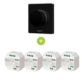 Zwart MiBoxer draadloos wandpaneel met draaiknop, gecombineerd met vier witte MiBoxer AC Triac RF Push Dimmers – productafbeelding vooraanzicht.