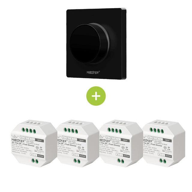 Zwart MiBoxer draadloos wandpaneel met draaiknop, gecombineerd met vier witte MiBoxer AC Triac RF Push Dimmers – productafbeelding vooraanzicht.