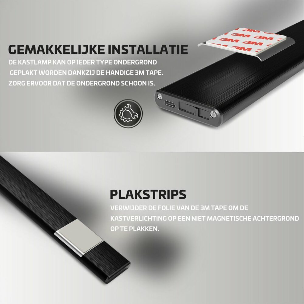 Close-up zijaanzicht van een zwarte kastlamp met USB-aansluiting en aan/uit-knop, inclusief 3M plakstrip voor eenvoudige installatie op verschillende ondergronden. De afbeelding toont hoe de tape op de achterkant van de lamp wordt bevestigd voor montage zonder schroeven.