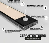 LED kastverlichting met bewegingssensor – schuine hoekaanzicht van een rechthoekige lamp met slimme PIR bewegingsdetector, aluminium behuizing, oogvriendelijke lamp cover, schuifbare aan/uit knop en USB laadpunt – gepatenteerd elegant ontwerp.