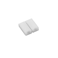Witte kunststof LED strip connector 2-polig, bovenaanzicht op haakse verbindingsstekker voor 8mm brede enkelkleurige LED strips.