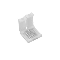 Witte 6-pins LED strip connector met open klep, schuin bovenzijaanzicht, geschikt voor het verbinden van multikleur LED strips zonder solderen.